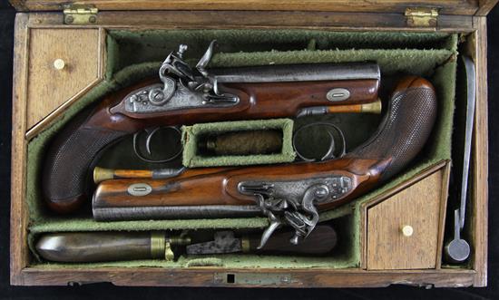 A cased pair of Officers flintlock pistols, by Clarck of London, pistols overall 10in. case 14in.